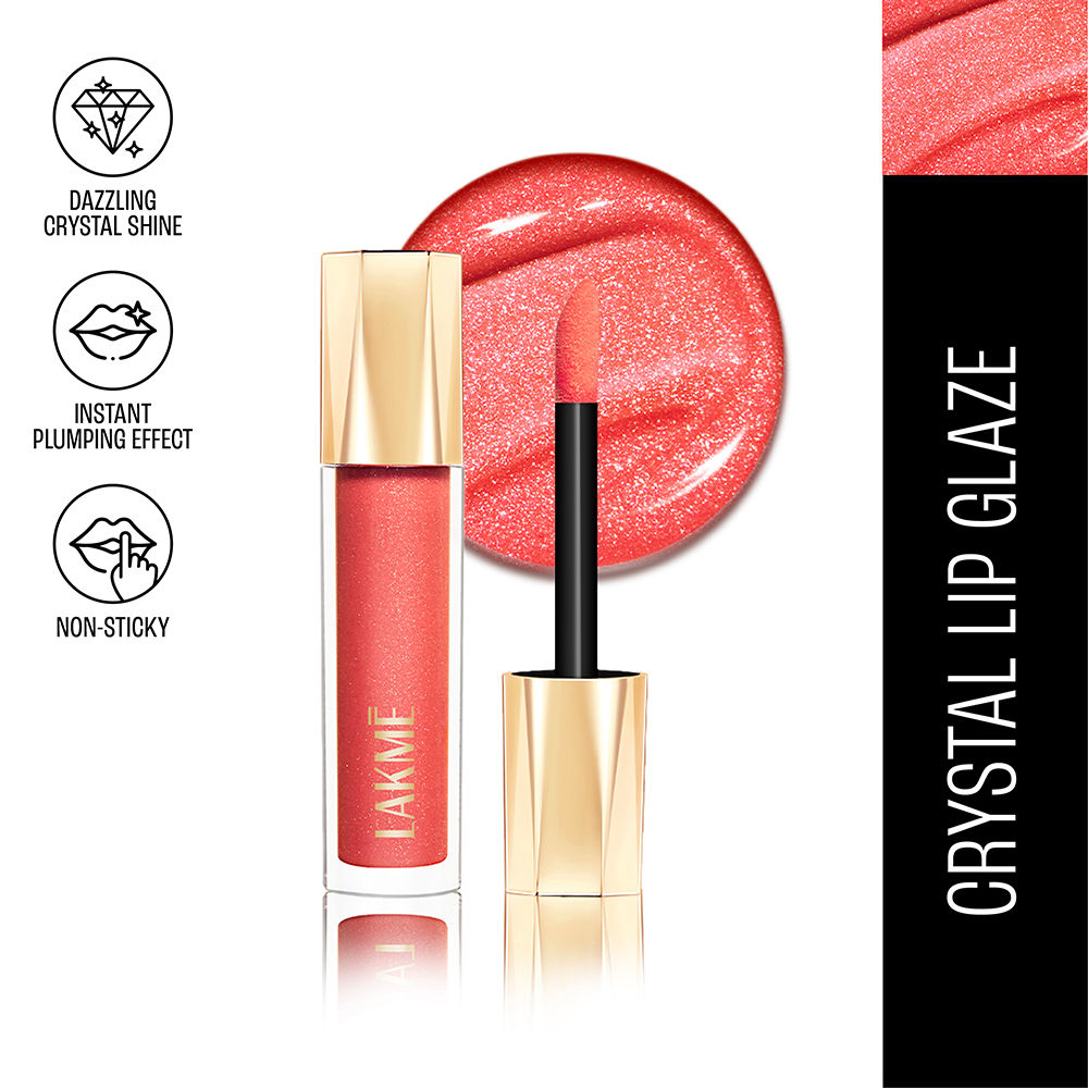 Lakme Glitterati Lip Glaze, High Shine Plumper Lip Gloss Oil with Collagen - Peach Punch (5ml)