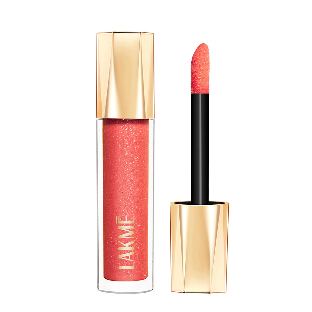 Lakme Glitterati Lip Glaze, High Shine Plumper Lip Gloss Oil with Collagen - Peach Punch (5ml)