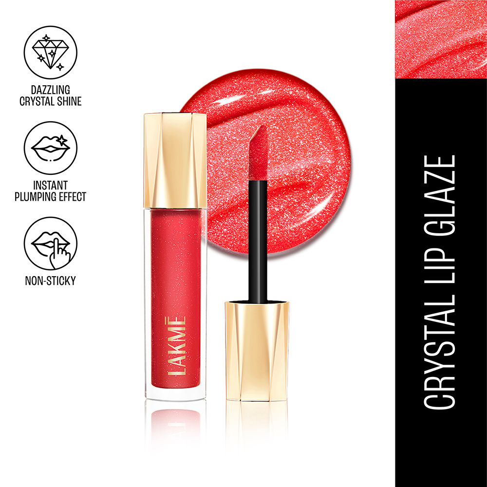 Lakme Glitterati Lip Glaze, High Shine Plumper Lip Gloss Oil with Collagen - Scarlet Spritzer (5ml)