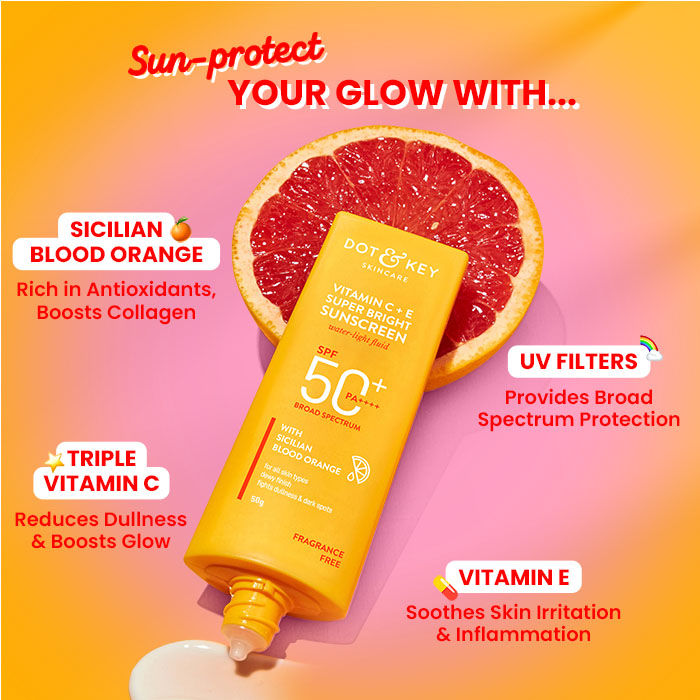 Dot & Key Vitamin C + E Super Bright Sunscreen SPF 50 PA+++ For Glowing Skin, 100% No White Cast (80g)