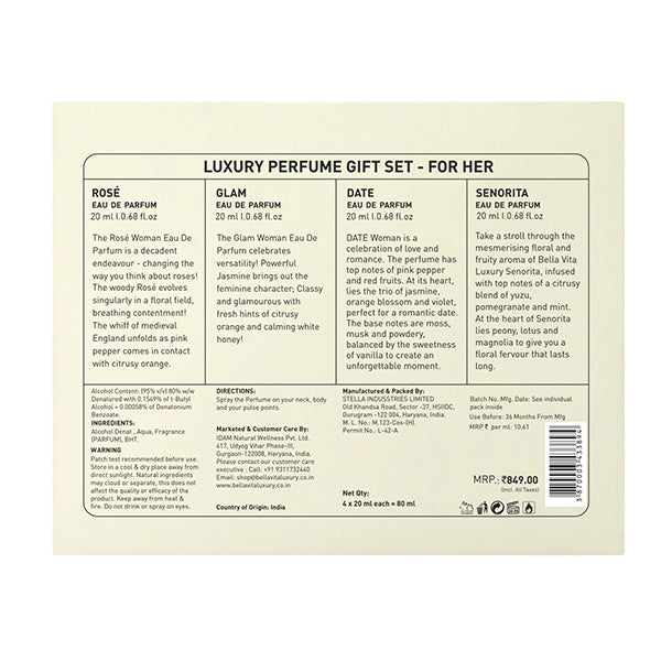 Bellavita Luxury Perfumes Gift Set for Women 4 x 20ml