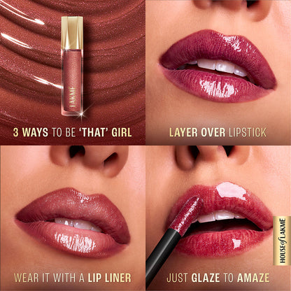 Lakme Glitterati Lip Glaze, High Shine Plumper Lip Gloss Oil with Collagen - Peach Punch (5ml)