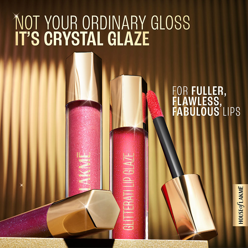 Lakme Glitterati Lip Glaze, High Shine Plumper Lip Gloss Oil with Collagen - Hot Pink Cosmo (5ml)